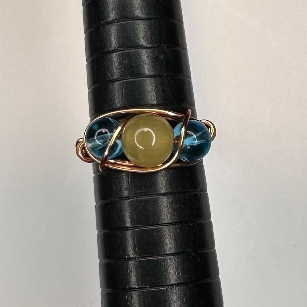 Ring yellow blue glass beads wire wrap handmade cooper